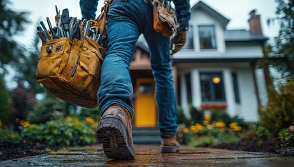 electrician with tools in his bag, walking towards the front door of their house. 