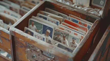 Vintage Baseball Cards in Wooden Box.