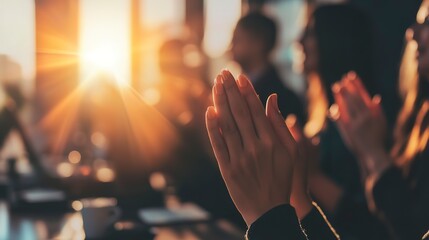 Poster - Conference, team of coworkers clapping hands for success and in boardroom of presentation with lens flare. Support, achievement and diverse group of people applauding together in business meeting 