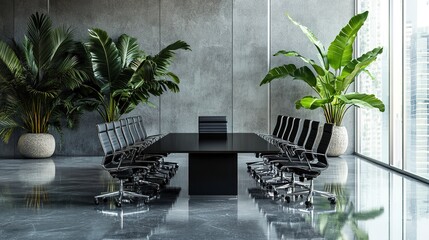 Poster - Nobody in the modern and elegant empty company office interior with black chairs and mat black metal table sitting on a shiny gray floor with tropical plants, seminar conference meeting boardroom 