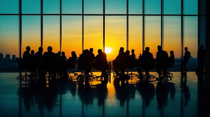 Poster - Silhouetted business meeting in a modern office at sunset. 