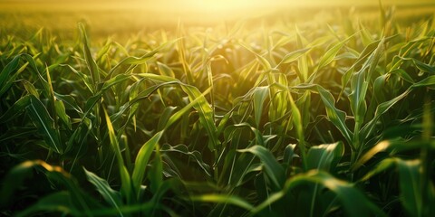 Poster - Sunlit green corn field on a sunny summer day