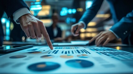 Poster - Hands of professionals pointing at data charts during a business meeting. Strategy planning and teamwork in a modern office setting. Ideal for corporate growth and financial analysis 