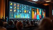 © Thanthara - A conference hall filled with attendees facing a speaker and a large projection screen displaying colorful data charts and graphs.