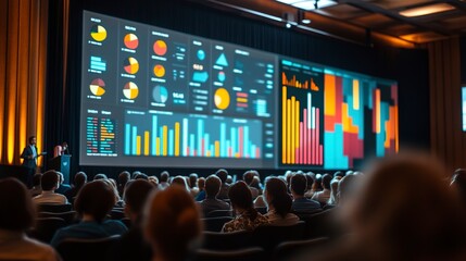 Poster - A conference hall filled with attendees facing a speaker and a large projection screen displaying colorful data charts and graphs. 