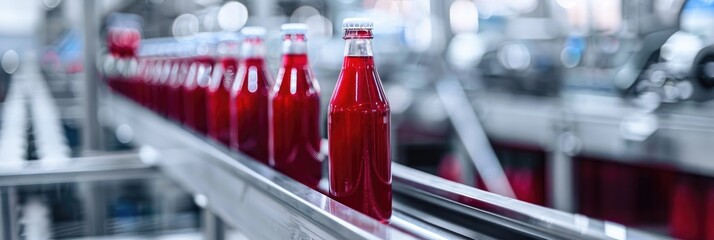 Poster - Red juice in a glass container on a metal conveyor belt in a beverage production environment