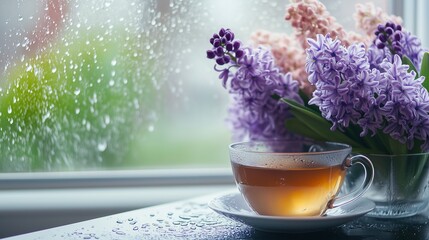 Wall Mural - A warm cup of tea beside fresh lilac flowers on a rainy day at home, creating a cozy atmosphere by the window