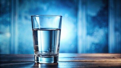 Poster - A crystal-clear glass filled with water glimmers under soft blue lights, resting on a rustic wooden table in a serene setting, evoking tranquility and clarity. Generative AI