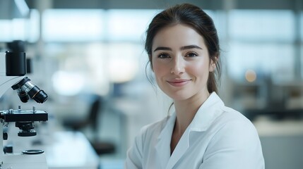 Poster - Portrait of female scientist laboratory assistant, researcher working inside medical laboratory with microscope, looking at camera and smiling while sitting, female worker in white