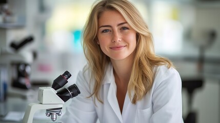 Poster - Portrait of female scientist laboratory assistant, researcher working inside medical laboratory with microscope, looking at camera and smiling while sitting, female worker in white 