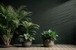 © Dinara - Lush indoor plants flourishing against a textured dark green wall in a serene contemporary setting with wooden flooring and soft ambient light. Generative AI