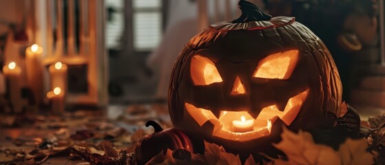 Poster - A carved pumpkin glowing in the dark during a Halloween celebration