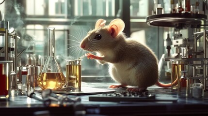 Poster - A rat conducting experiments in a lab, surrounded by scientific equipment and test tubes