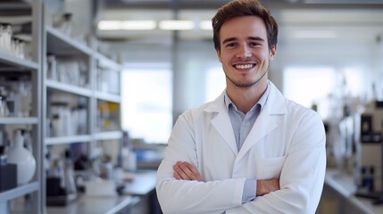 Poster - Handsome Young Man Scientist in White Coat Smiling with Arms Crossed, Standing in Lab 