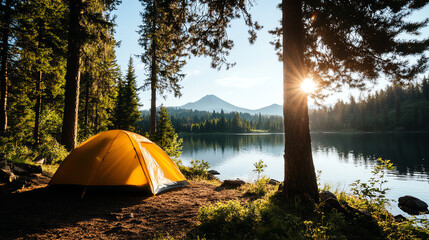 Scenic mountain camping scene with a yellow tent by a tranquil lake at sunrise, surrounded by trees and a beautiful landscape.