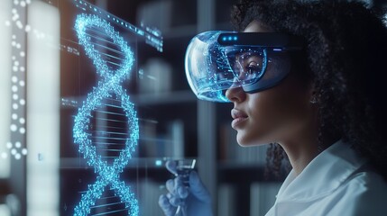 Poster - Focused woman wearing an AR headset interacting with a holographic DNA structure in a high-tech lab, indicating futuristic scientific research with biotechnology applications pro vision. -