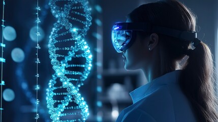 Poster - Focused woman wearing an AR headset interacting with a holographic DNA structure in a high-tech lab, indicating futuristic scientific research with biotechnology applications pro vision