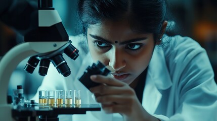 Poster - Young adult Indian female student or genetic engineer analyzing microscopic samples in a high-tech medical laboratory, wide banner with copy space for text 