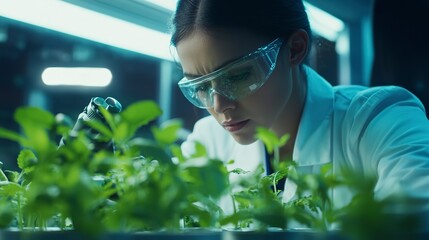 Poster - Close-up of a scientist examining plants in a research lab. Highlighting biotechnology and plant genetics. Focusing on scientific research and agricultural innovation. Ideal for biotech journals