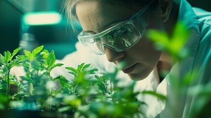 Poster - Close-up of a scientist examining plants in a research lab. Highlighting biotechnology and plant genetics. Focusing on scientific research and agricultural innovation. Ideal for biotech journals. 