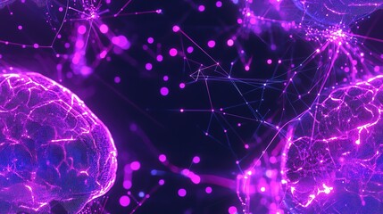 Wall Mural - futuristic 3d render of glowing purple neurons forming intricate connections across a human brain holographic interface overlay suggests advanced neurotechnology.