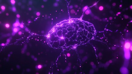 Poster - futuristic 3d render of glowing purple neurons forming intricate connections across a human brain holographic interface overlay suggests advanced neurotechnology