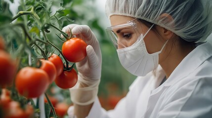 Poster - A female scientist with protective gear closely inspects a bunch of ripe organic tomatoes in a modern sustainable agriculture laboratory, showcasing advances in eco-friendly food production 