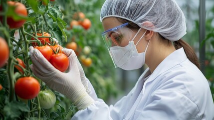 Poster - A female scientist with protective gear closely inspects a bunch of ripe organic tomatoes in a modern sustainable agriculture laboratory, showcasing advances in eco-friendly food production