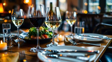 Romantic dinner setting with wine glasses and candles.