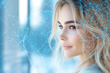 Poster - Pensive woman looking out a window with digital blue neural patterns symbolizing her deep thoughts and futuristic vision