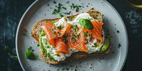 Sticker - Avocado toast topped with salmon and creamy cheese on a plate captured from above under strong lighting