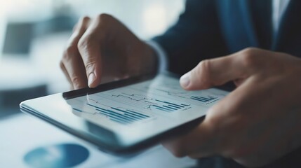 Poster - Close-up hands of business professionals are analyzing financial charts on a tablet 