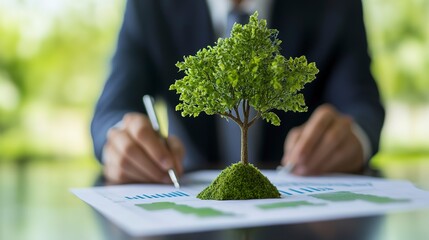 Poster - Businessman planning on environmental protection initiative for clean and sustainable future ecology, ESG environmental social governance display on paper chart on eco-friendly company