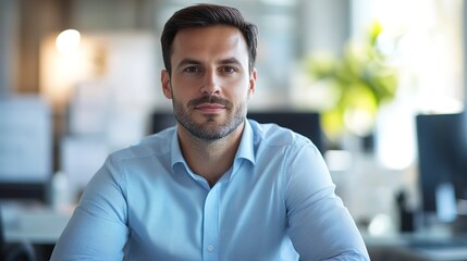 Canvas Print - an assured business professional in a light blue shirt, resting at his desk after strategizing, with a blur of project plans behind him in a modern office environment