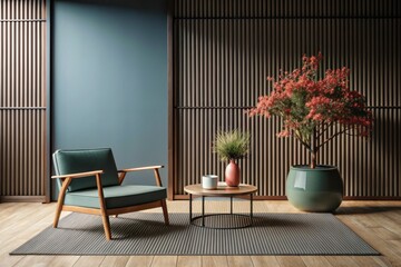 Poster - A contemporary living space featuring a stylish armchair, elegant side table, vibrant potted plant, and rich textures that convey warmth and tranquility in a cozy environment. Generative AI