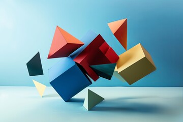 Poster - A vibrant assortment of geometric shapes appears to float in various colors against a serene blue backdrop, showcasing creativity. Generative AI