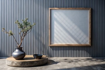 Poster - A serene corner featuring a minimalist design with a wooden frame, elegant vases, and a touch of nature enhancing the tranquil ambiance of a contemporary space. Generative AI
