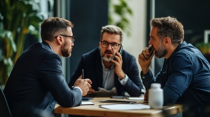 Poster - Three professionals engaged in a serious business discussion at a modern office during the daytime, showcasing teamwork and collaboration
