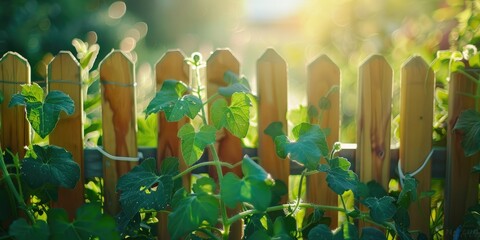 Canvas Print - Cucumber Plant Tripod Trellis Enclosed by Wooden Picket Fence in Garden Plot