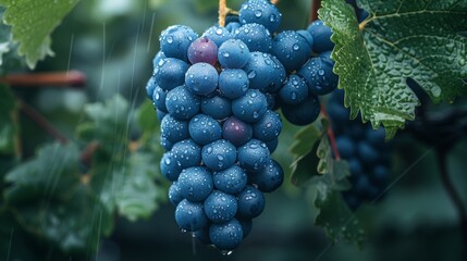 Wall Mural - Close-up of fresh blue grapes hanging in a vineyard during rain