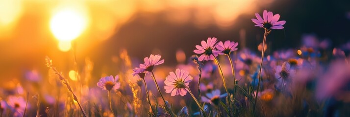 Wall Mural - wild flowers growing on summer field or meadow panorama poster or banner background at sunset