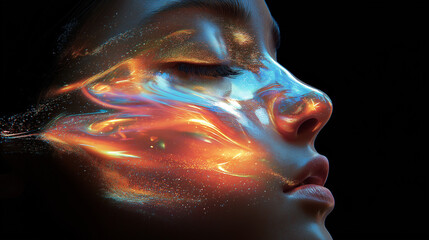 Poster - Woman face emerging from futuristic holographic light painting effect