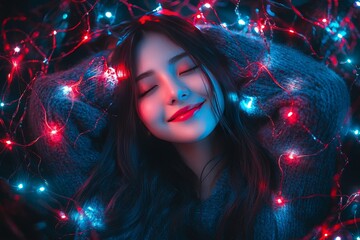 Sticker - A woman surrounded by glowing blue and red lights her eyes closed in peaceful contentment symbolizing the balance between technology and inner peace