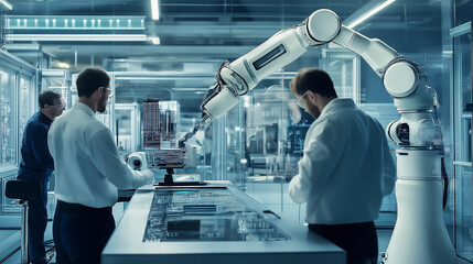 Fototapete - Team of engineers working with a futuristic robotic arm in a modern laboratory