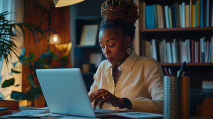 Poster - Young black woman working late on laptop in home office with bookshelf in background