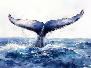 abstract 3d whale tail in minimalistic watercolor ocean, soft blues and greys, fluid brushstrokes
