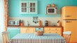 © OlgaPix - Cozy retro-style kitchen with pastel-colored cabinets, vintage appliances, and a checkered tablecloth, evoking a nostalgic and cheerful atmosphere