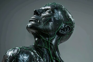 Poster - The sculpture features a human form with intricate green vines wrapping around it, merging nature and art in a unique display. Generative AI