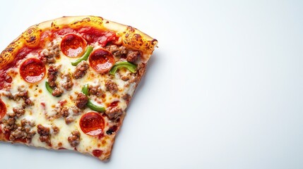 Wall Mural - Delicious slice of pepperoni and sausage pizza with green peppers against a minimalist background