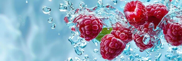 fresh raspberry fruit with water splash